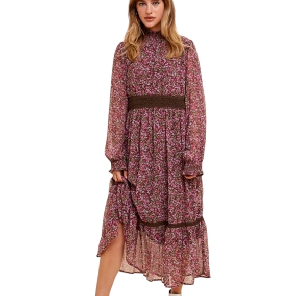 In Bloom Pink floral sheer  Bishop Sleeve Ruffled Tiered Prairie Midi Dress Sz M - Picture 4 of 11